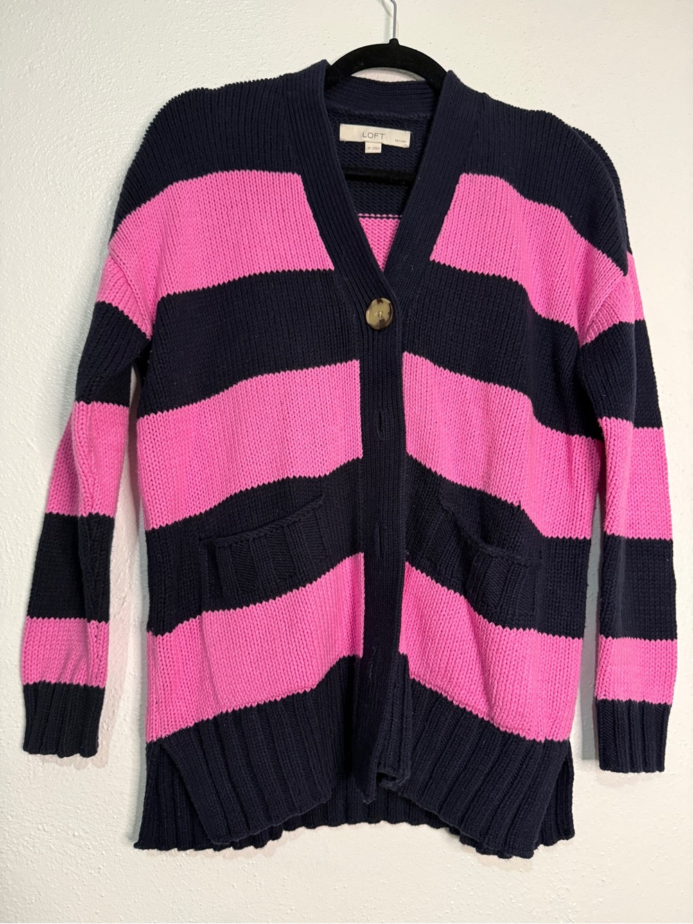 LOFT Navy and Bright Pink Striped V‑Neck Cardigan. Sz SP.